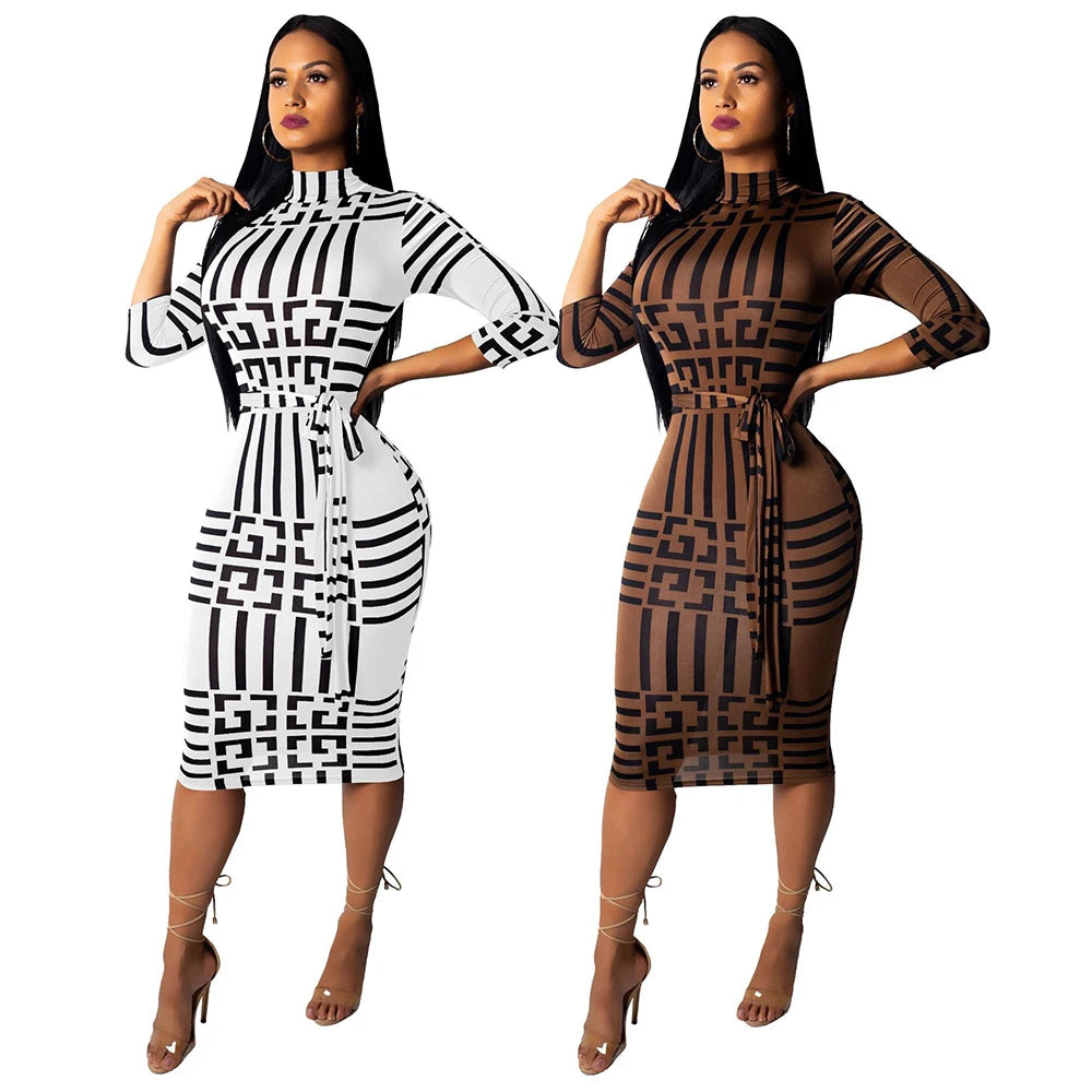 Women Sexy Turtleneck Short Sleeve Print Bodycon Midi Dress Female Elegant High Elastic Night Club Pencil Dresses With Sashes Women Sexy Turtleneck Short Sleeve Print Bodycon Midi Dress Female Elegant High Elastic Night Club Pencil Dresses With Sashes